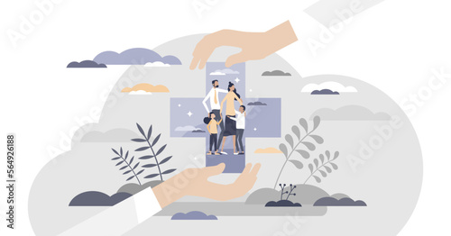 Family health care as medical protection and support tiny person concept, transparent background. National healthcare system with all generations preventive diagnostic checkups.