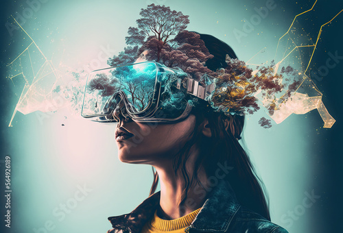 Young girl, woman with VR glasses immersed in virtual reality, surreal abstract background, double exposition. Creative art and meta-universe technology. 3D rendering. AI generated photo