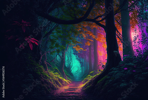 Fototapeta Naklejka Na Ścianę i Meble -  A fairytale forest, a surreal, mystical landscape. The dark trees are illuminated by multicolored psychedelic neon light. A mysterious path through the thicket. 3D rendering. AI generated.