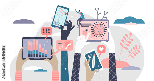 Health news illustration, transparent background.Covid-19 information spreading in flat tiny persons concept.
