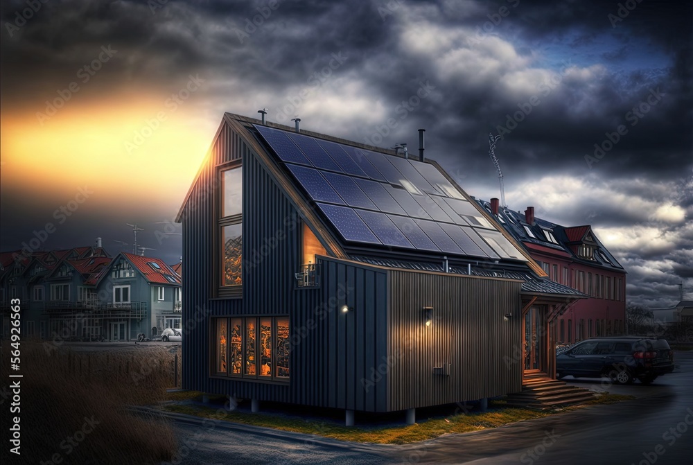 Obraz premium modern industry exterior style house in forest, made from converted shipping container has solar panel roof, beautiful nature landscape, sustainability for environmental preservation, Generative Ai