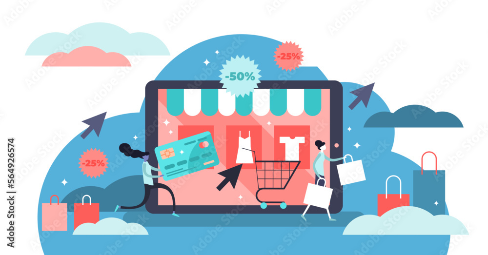 Online shopping illustration, transparent background. Flat tiny persons digital shop concept. Virtual business using network devices, phone and tablets for distance retail and transaction.