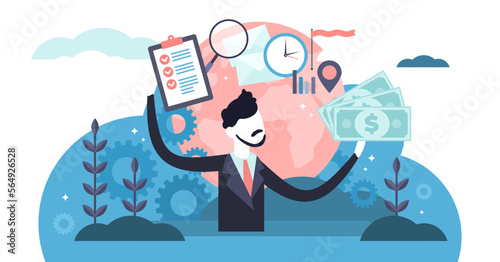 Manager illustration, transparent background. Flat tiny business job project persons concept. Symbolic office worker with finance and work organization tools.