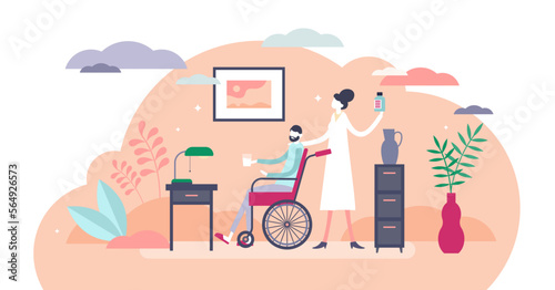 Nursing home illustration, transparent background. Elderly support home lifestyle tiny persons concept. Senior patient help and assistance center for disabled retirement pensioners.