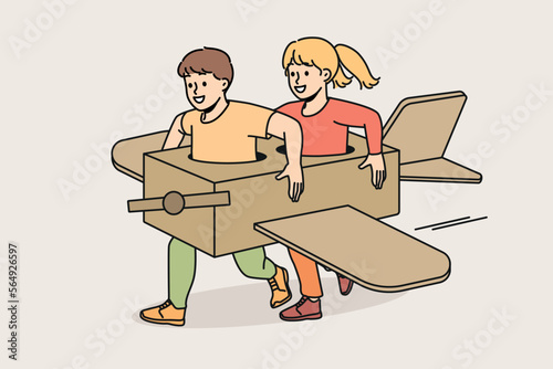 Overjoyed small children in handmade paper airplane playing together outdoors. Smiling little kids in manually constructed plane enjoy funny game. Vector illustration. 