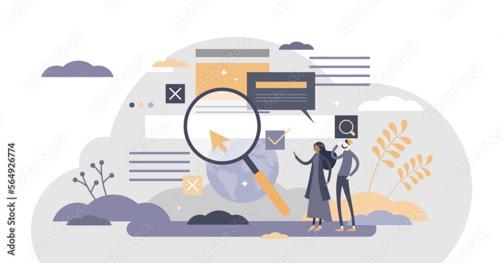 Search information online in internet websites flat tiny person concept, transparent background. Find global data using search engine optimization illustration.