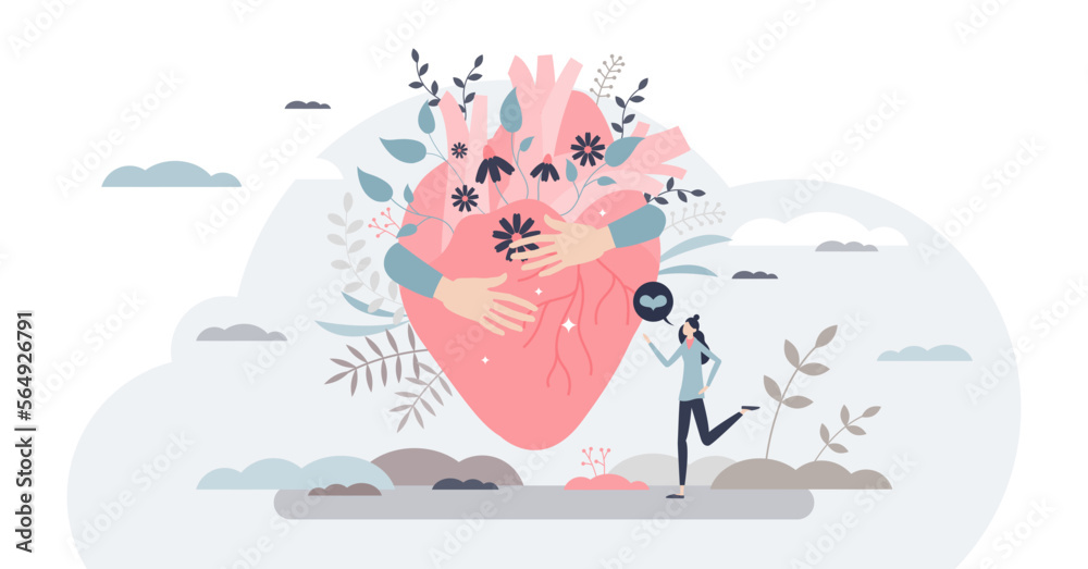 Self love with heart hug as mental healthcare and esteem tiny person concept, transparent background. Holding yourself and be proud about body, inner peace and acceptance illustration.