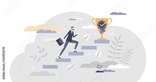 Reaching goal as business career steps climbing to target scene tiny person concept, transparent background. Professional growth and development with clear vision, confidence.