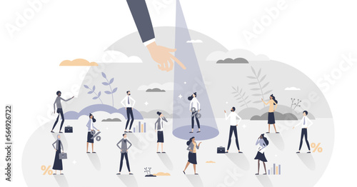 Recruitment candidate choice with spotlight to selection tiny person concept, transparent background. Best option for human resources with skills, experience and CV illustration.