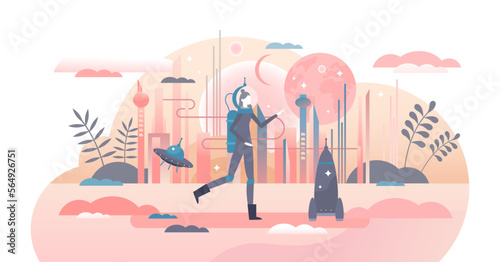 Science fiction or sci-fi futuristic universe outer space tiny person concept, transparent background. Fantasy cosmos or universe with extraterrestrial ufo spaceships.