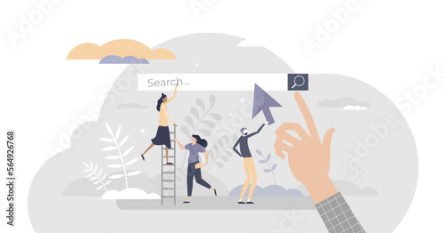 Search engine as web browser tool to find information tiny person concept, transparent background. Looking up for data in online website contents illustration. Internet site service.