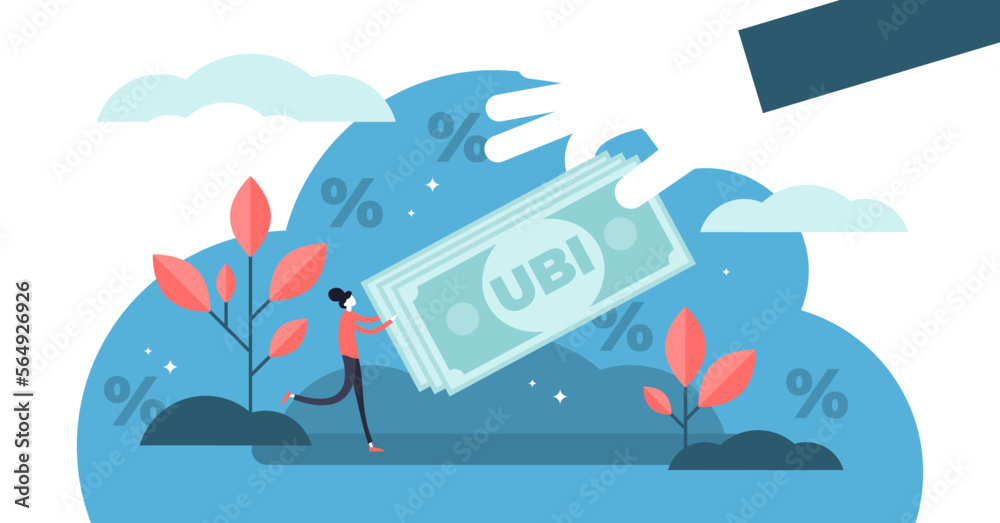 Universal basic income illustration, transparent background. Flat tiny money receiving person concept. Economical governmental income guarantee to resident citizens equality. Universal basic income illustration, transparent background. Flat tiny money receiving person concept. Economical governmental income guarantee to resident citizens equality.