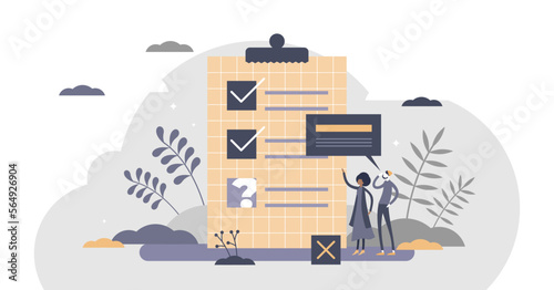 Survey report with questions and checked answers form tiny persons concept, transparent background. Communication form with opinion analysis, consultation and discussion illustration.
