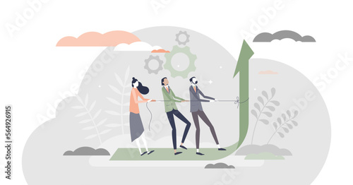 Teamwork performance effort for reaching best results tiny person concept, transparent background. Pushing limits for huge progress development illustration. photo