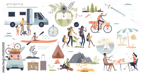 Travel and adventure with transportation elements tiny person collection set, transparent background. Tourist recreation location and vacation type items with campfire.