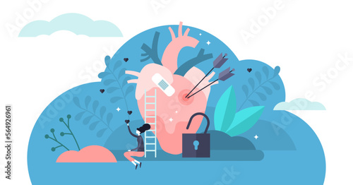 Vulnerable illustration, transparent background. Flat tiny unsafe feeling persons concept. Love romance sad hurtful experience and broken heart fixing.