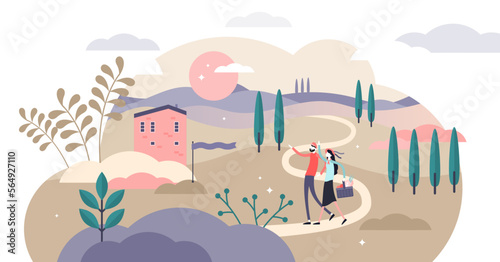 Countryside illustration  transparent background.Flat tiny rural ranch area person concept.Classical cottage outside town or city.House property with land and grass.