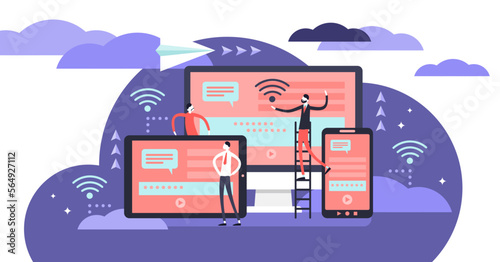 Cross platform illustration, transparent background. Flat tiny IT applications persons concept. User common technology experience on multiple wireless devices.
