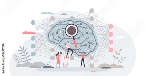 Deep learning neural network connection research for AI tiny person concept, transparent background. Artificial intelligence or machine knowledge automation progress analysis illustration.