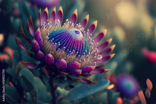 Enigmatic flower reminiscent of the Cape Proteaceae, pointy flame petals and glowing aura. Strikingly beautiful and colorful offworld alien world flora - generative AI illustration. 