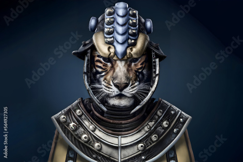 A portrait of a fearless tiger dressed in traditional Asian warrior armor, generative ai