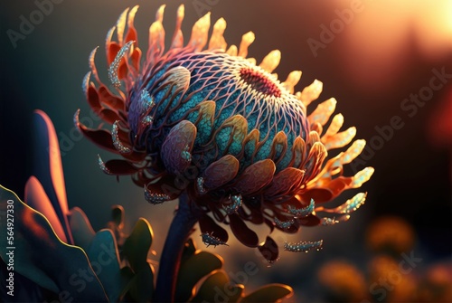 Enigmatic flower reminiscent of the Cape Proteaceae,  pointy flame petals and glowing aura. Strikingly beautiful and colorful offworld alien world flora - generative AI illustration.  photo