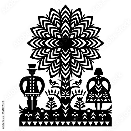 Polish folk art vector pattern with man in hat, woman and birds Kurpiowskie Leluje Wycinanki - Kurpie paper cut outs design in black and white
