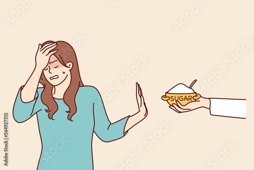 Embarrassed woman makes stop gesture rejecting proposed sugar that can harm health. girl touches forehead with hand trying to avoid eating sweety foods for dieting. Flat vector illustration photo