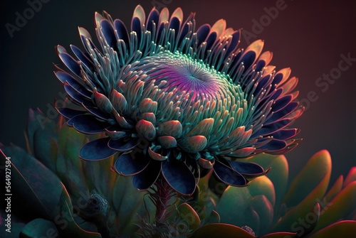 Enigmatic flower reminiscent of the Cape Proteaceae,  pointy flame petals and glowing aura. Strikingly beautiful and colorful offworld alien world flora - generative AI illustration.  © SoulMyst