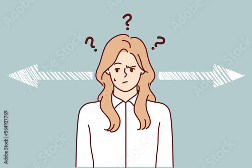 Discouraged woman near arrows pointing in different directions for hard decision concept. Blonde lady in white shirt makes important choice choosing strategy to attract customers. Flat vector image