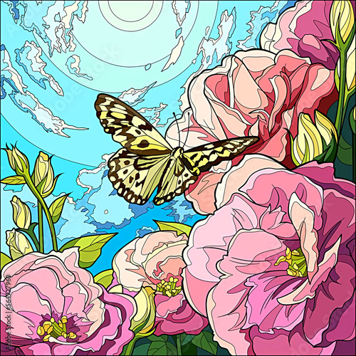 illustration of a butterfly and pink flowers © Art-76