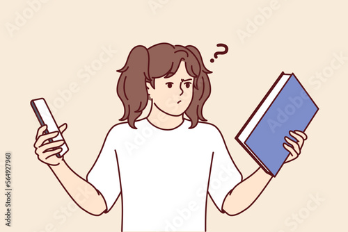 Teen girl choose between book and phone to read favorite art story. Schoolgirl looks at textbook in embarrassment due to procrastination and desire to play smartphone games. Flat vector illustration