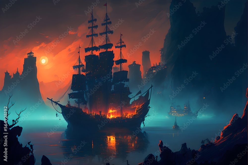 the view of a large pirate island from a boat out in the ocean many