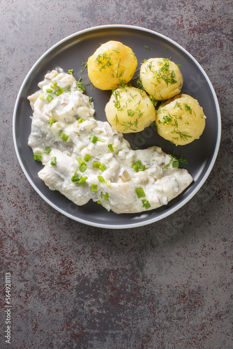 Sahnehering pickled Herring in a cream, yoghurt and fresh herbs marinade served with boiled potato closeup on the plate on the table. Vertical top view from above