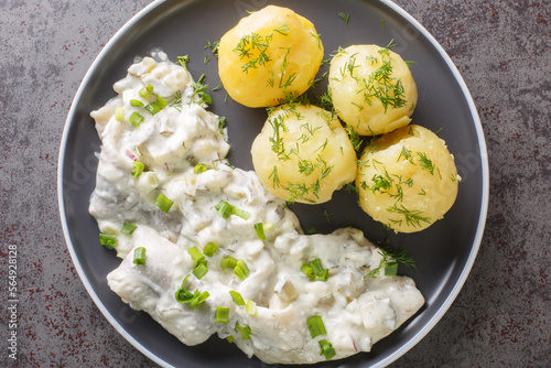 Spicy herring fillet in a creamy sauce with a garnish of boiled potatoes close-up in a plate on the table. horizontal top view from above