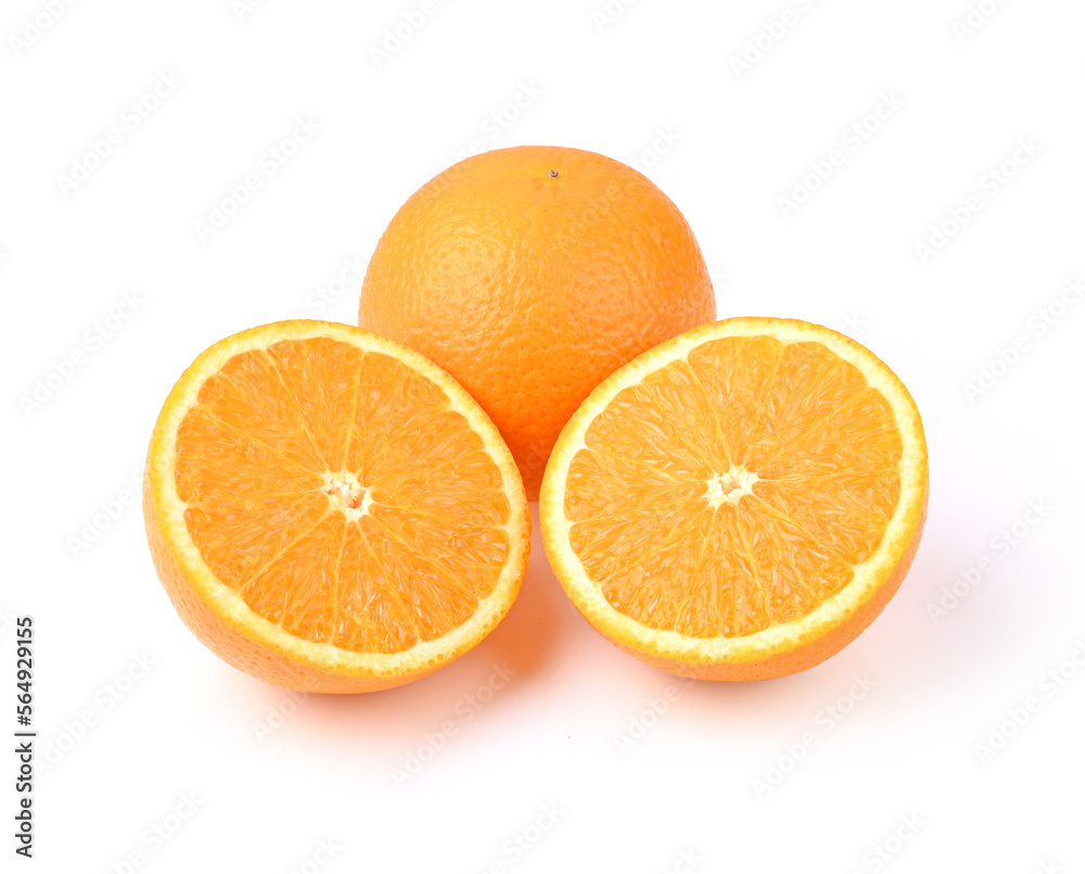 Oranges. Whole and half Orange on white background. Oranges. Whole and half Orange on white background.