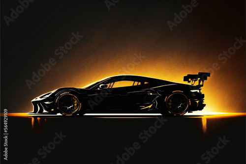 Side view silhouette of a modern generic sports racing car standing in a dark garage , generative AI © ROYALE