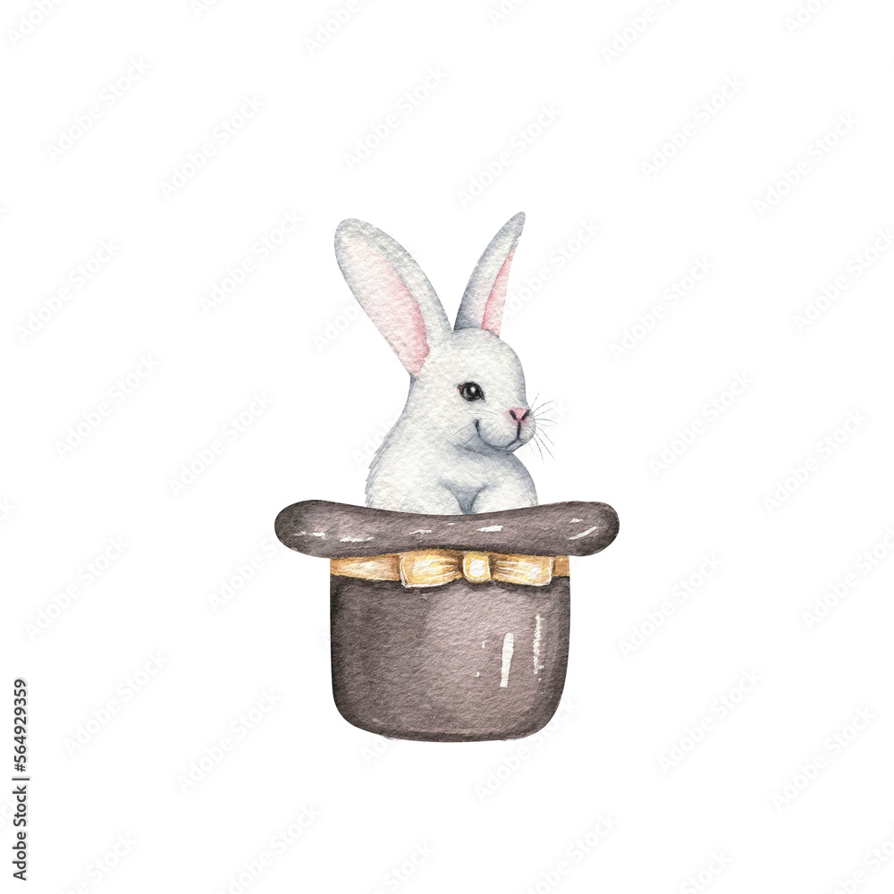 Cute white rabbit in a magician's hat. Watercolor illustrations isolated on white background. Circus wizard performance. Vintage style. Hand painted drawing for postcards, invitations, scrapbooking Cute white rabbit in a magician's hat. Watercolor illustrations isolated on white background. Circus wizard performance. Vintage style. Hand painted drawing for postcards, invitations, scrapbooking