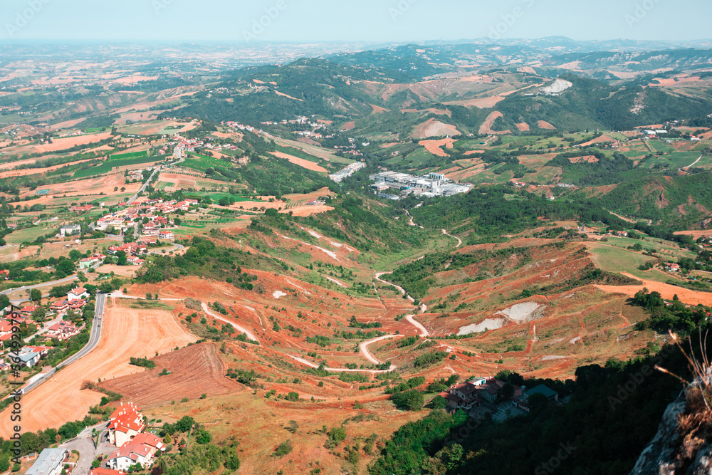 Panoramic view from the fortress of San Marino to the village, Italy