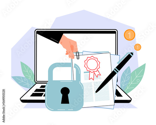 Smart electronic contract and secure deal making online, flat cartoon vector illustration isolated on white background. Banner for web and print.