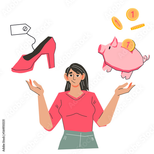 Budget economy and cost overrun concept. Woman choosing between buying new shoes and saving money, flat cartoon vector illustration isolated on white background. Overspending and shopaholism problem.
