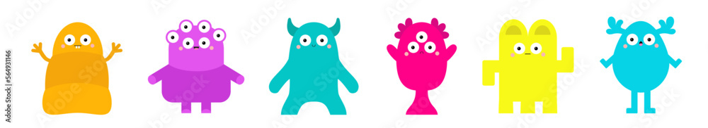 Naklejka premium Happy Halloween. Monster set line. Cute face head. Six colorful monsters. Cartoon kawaii scary funny character. Different emotion. Baby collection. T-shirt design. White background. Flat design.