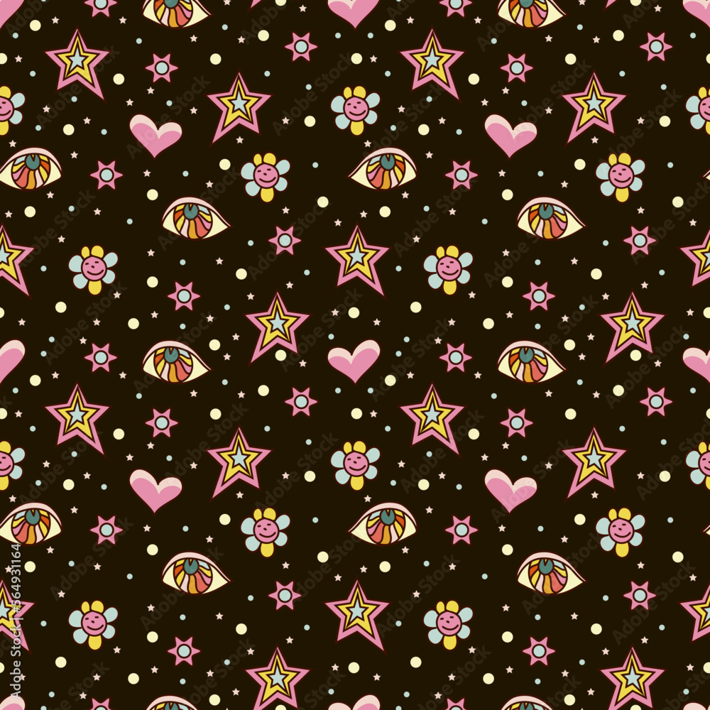 Vector seamless pattern in 70s style. Hand drawn psychedelic hippies background. Vector seamless pattern in 70s style. Hand drawn psychedelic hippies background.