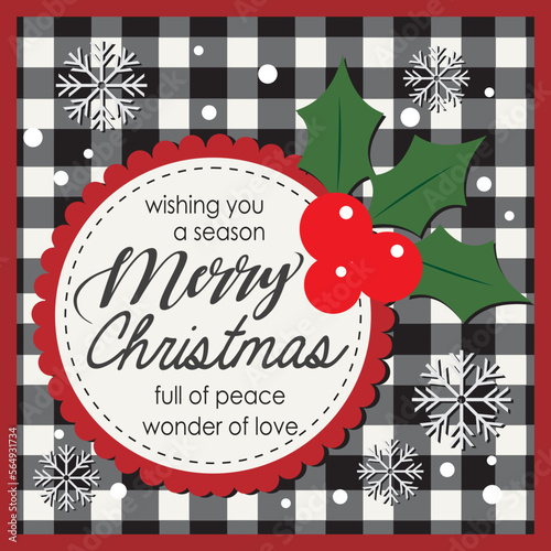 christmas card with holly berries and buffalo plaid
