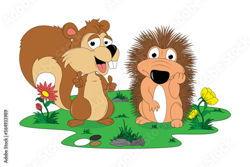 cute porcupine and squirrel cartoon illustration