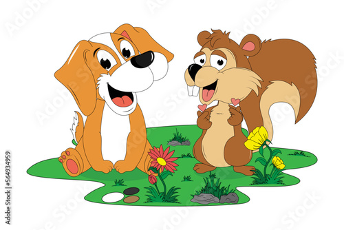 cute dog and squirrel cartoon illustration