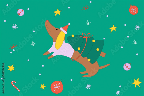 Cute cartoon dog and Christmas decorations photo