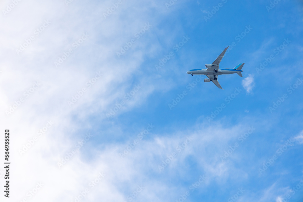 View of airplane flying in blue sky among white clouds. . High quality photo View of airplane flying in blue sky among white clouds. . High quality photo