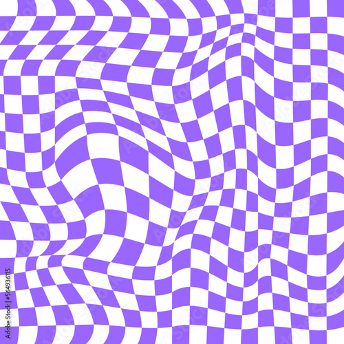 Distorted chessboard surface. Chequered optical illusion in 2yk style. Psychedelic dizzy pattern with warped purple and white squares. Trippy checkerboard background