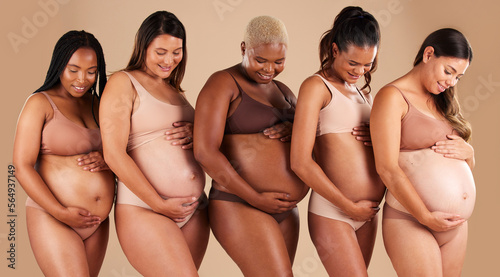 Happy women, body or holding pregnancy stomach in support line, solidarity or community diversity on studio background. Pregnant, friends or mothers underwear for belly growth or healthcare wellness